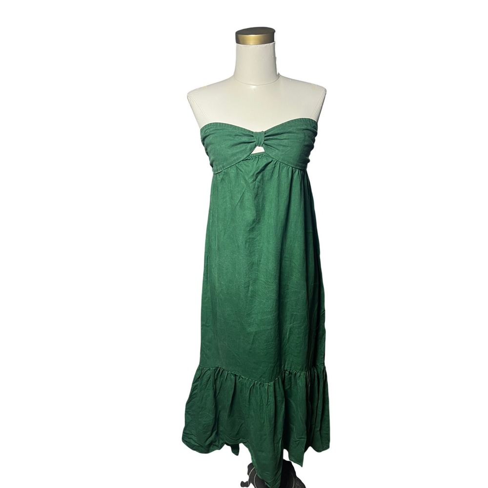 Aerie Green Linen Blend Strapless Maxi Dress Bow Front Smocked‎ Back XS - Picture 6 of 6